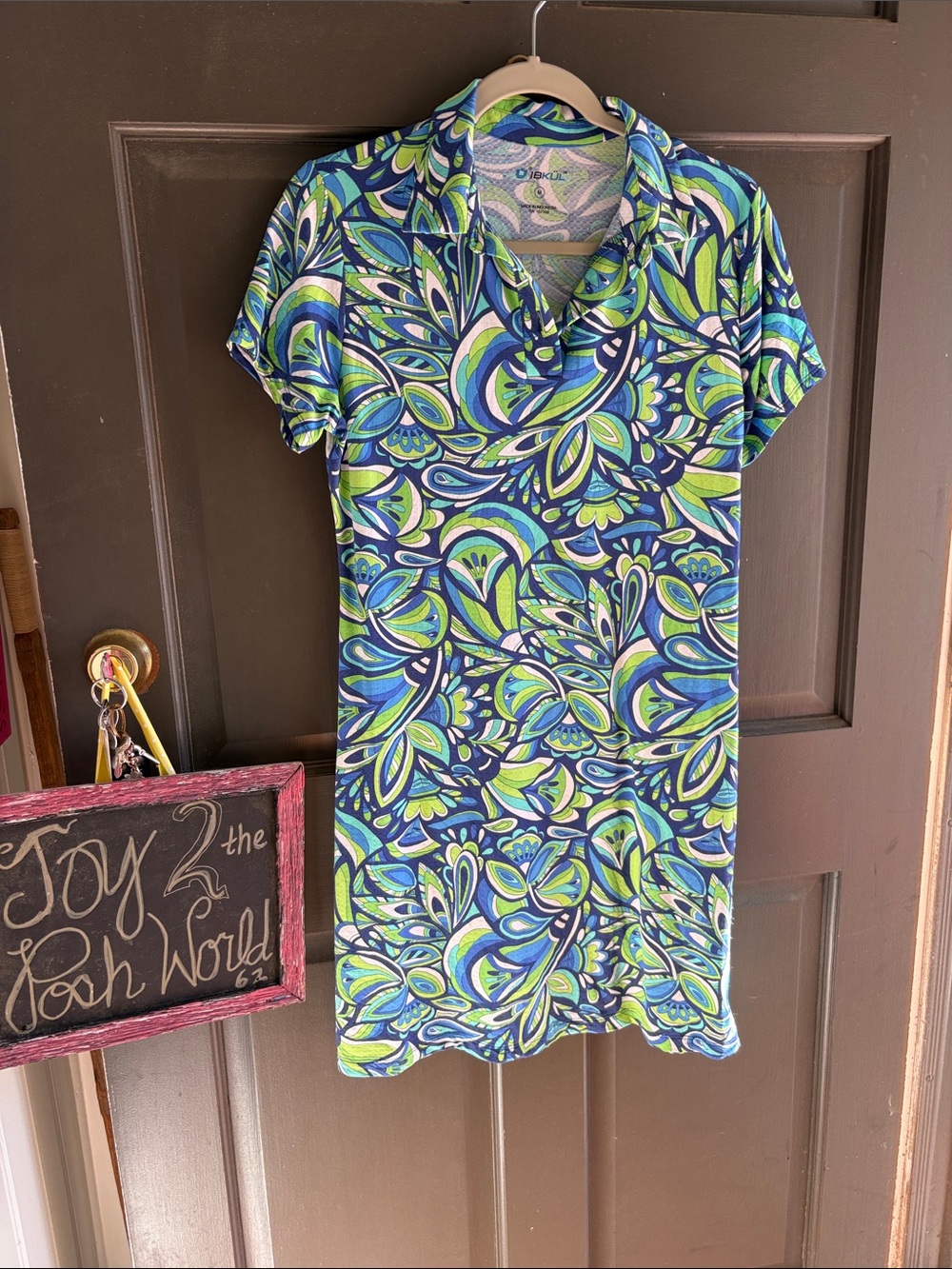 IBKUL Blue, Green & White Wave-Print Women's Dress